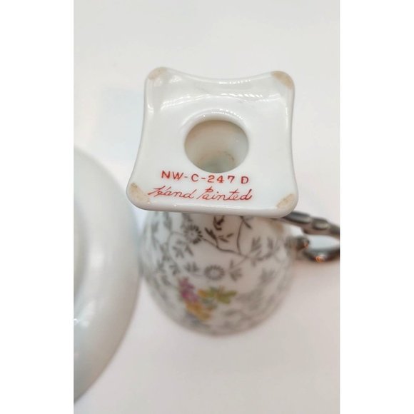 Cup and Saucer Demitasse Square Pedestal White with Silver Pink Flowers - Picture 6 of 7